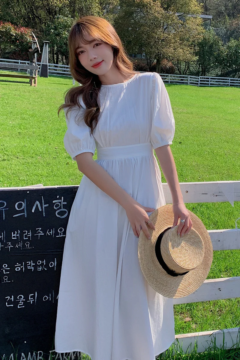 

COIGARSAM Solid Women dress New Summer O-Neck Dresses White Green 3016