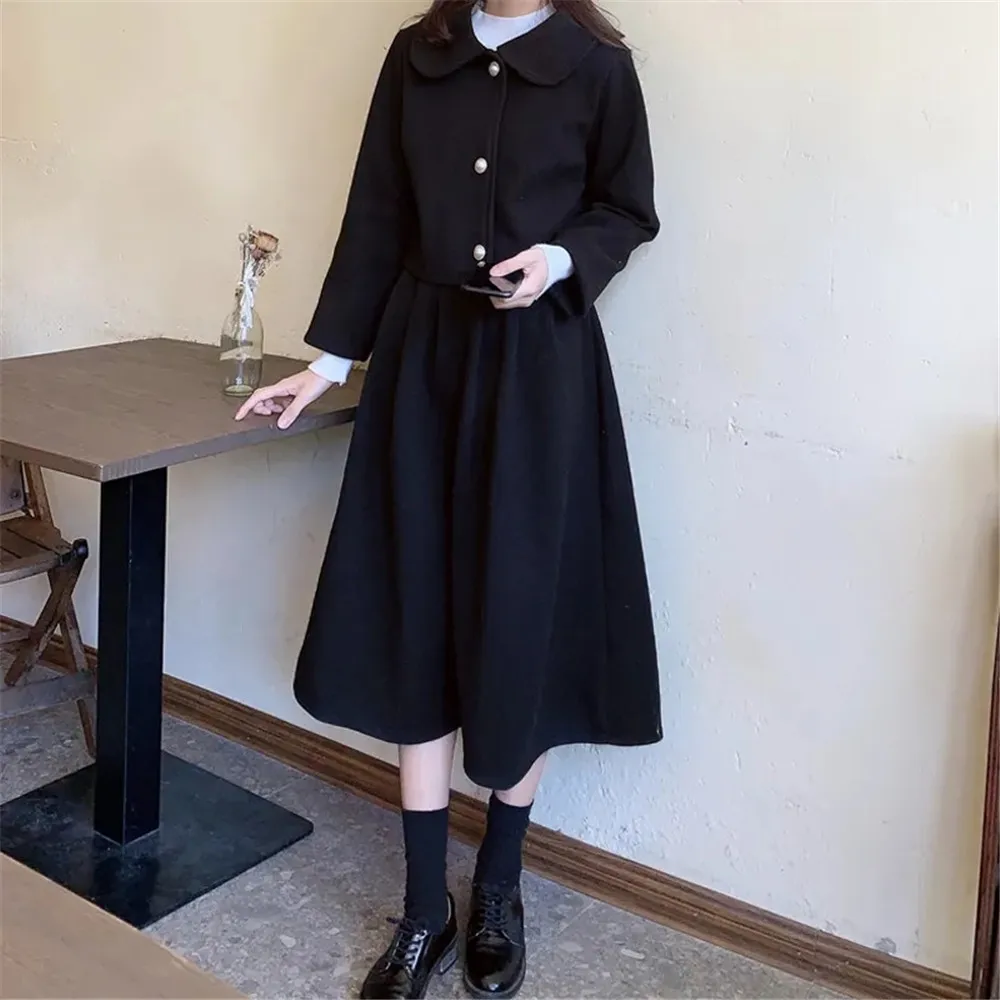 

Japanese Kawaii Autumn Woolen Set Solid Black Single Breasted Coat + High Waist Long Pleated Skirt Women Winter Wild Preppy Suit