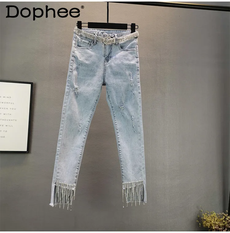 

Модные рваные джинсы для женщин Новинка весна-лето 2021 облегающие стройнящие Стрейчевые Стразы узкие брюки-карандаш с бахромой женские