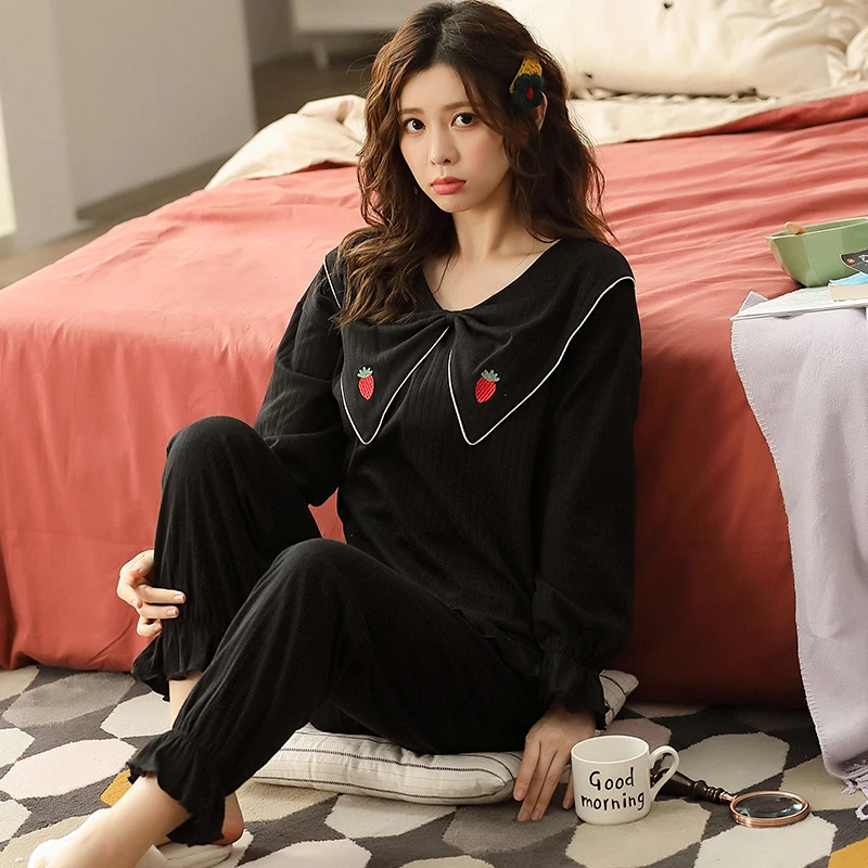 

New Autumn Winter Knitted Cotton Women Pajamas Set Sweet Long Sleeve Leisure Soft Homewear Loose Plus Size Female Sleepwear