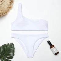 new women sexy solid white one shoulder bikini beach bikini bodysuit swimming suit for women bathing suits 2 pieces
