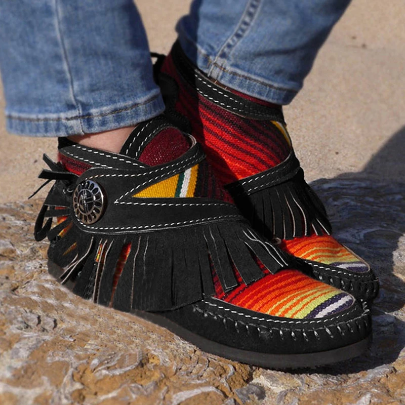 Women Tassel Stripe Ankle Boots 2020 Women's Sewing Warm Woman Flats Female Shoe Ladies Casual Hook Loops Footwear Plus Size 43 | Обувь