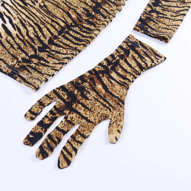 

Leopard with Gloves Dress for Women Rave Festival Clothing Long Sleeve Turtleneck Sexy Night Party Club Dresses JS0299
