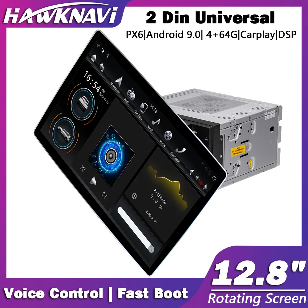 Hawknavi 12.8" 2 Din Universal Android Car Radio Receiver GPS Navigation Multimedia Stereo Headunit Player Wireless Carplay