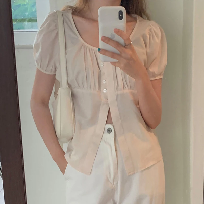 

Kimotimo Summer Button Up Shirts Women Korean Chic 2021 New O-neck Design Split Tops French Causal All-match Short Sleeve Blouse