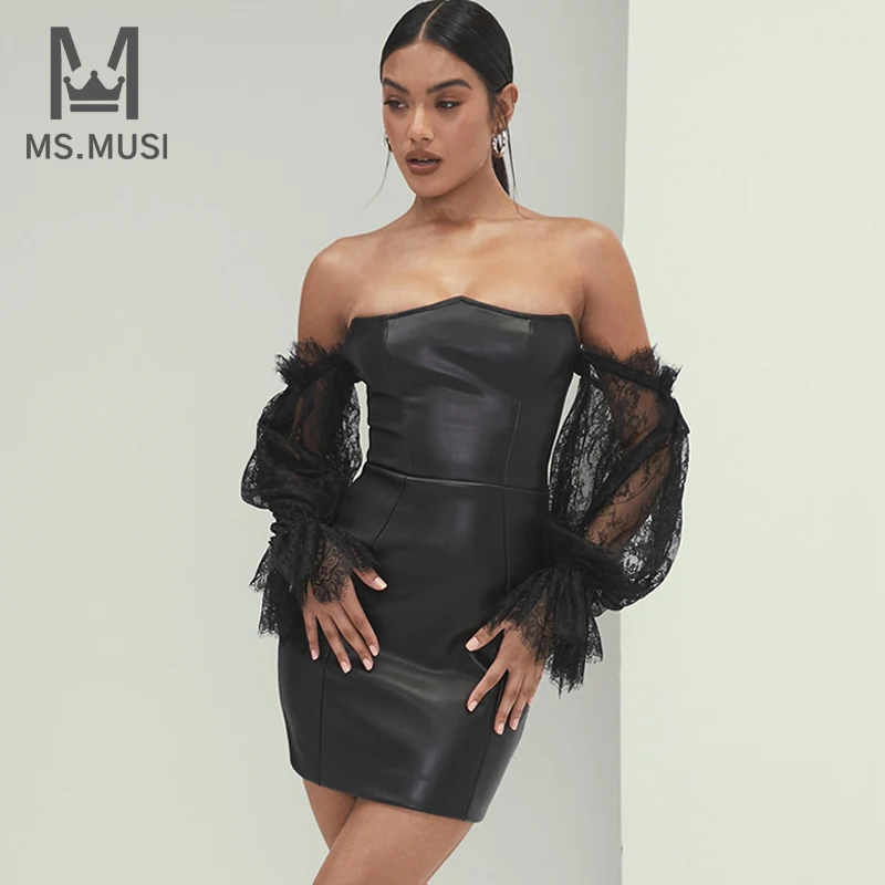 MSMUSI 2021 New Fashion Women Strapless Lace Long Sleeve Off The Shoulder Bodycon Mini Dress Sexy Party Club PU Leather Dress