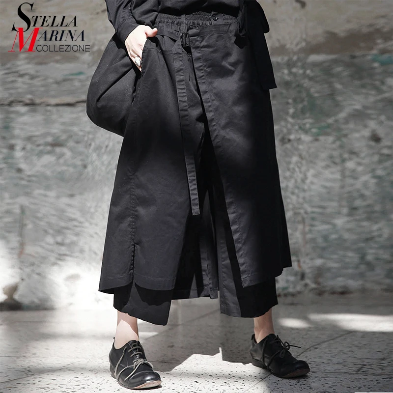 Новинка 2019 Женские однотонные черные широкие длинные штаны с эластичной