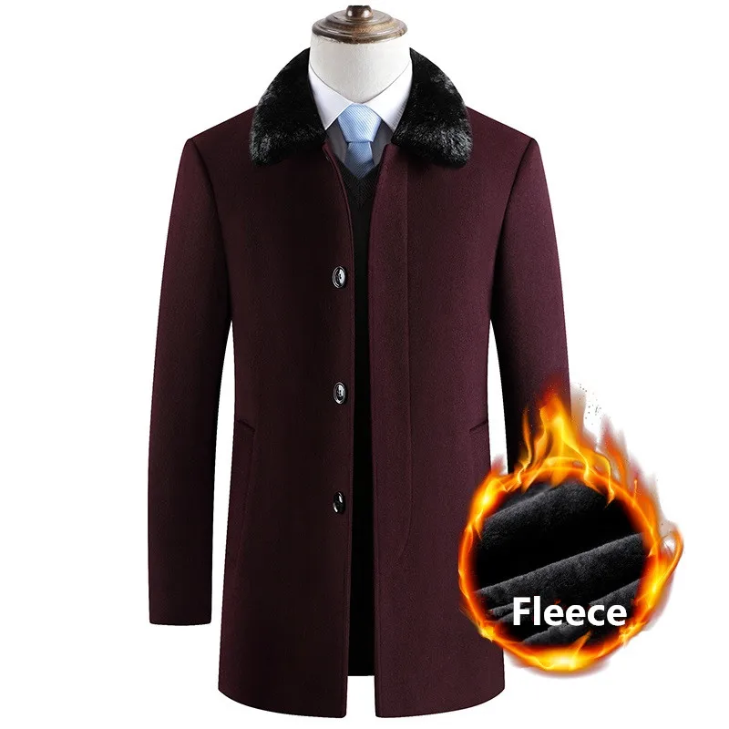 burgundy collar Зимнее длинное шерстяное пальто Мужская Толстая Теплая Флисовая Тонкая Повседневная куртка подходит меховым воротником Peacoat ветровка куртка шерсятнное Пальто Тренч - Цвет: burgundy collar