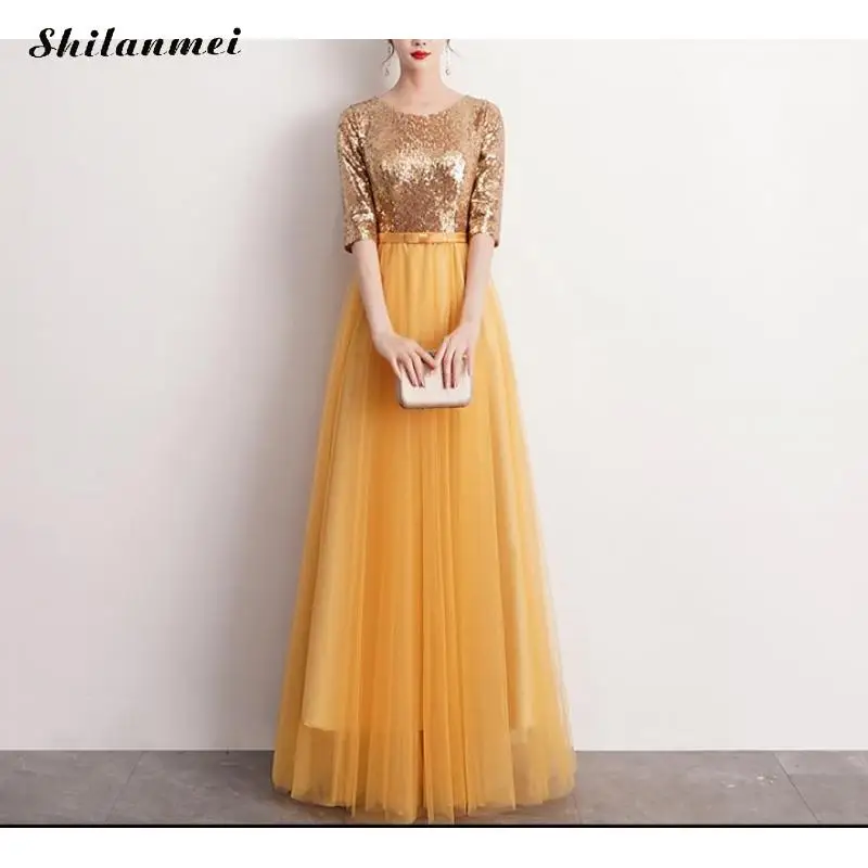 Желтое Сетчатое длинное платье с блестками женское элегантное Золотое блестящее