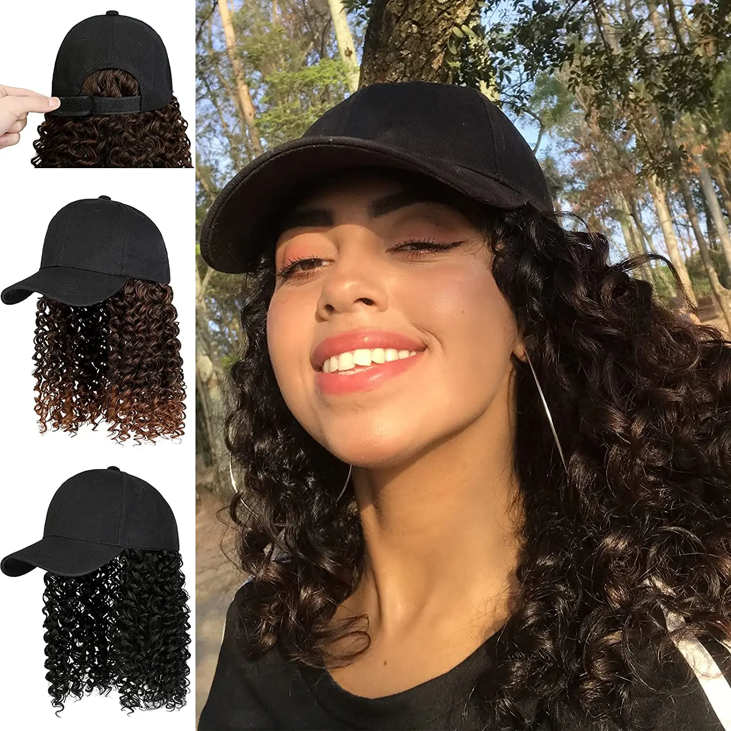 

XBWIG short Baseball Cap Wig Synthetic long Afro Kinky Curly Wigs Hat Wig Natural Black /Auburn Hiar Cap With Hair For Women