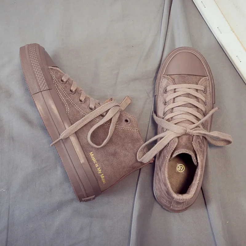 High-top Shoes Women Winter New Non-slip Solid Color Letter Flock Shoes Comfortable Flat Casual Women's Vulcanize Shoes