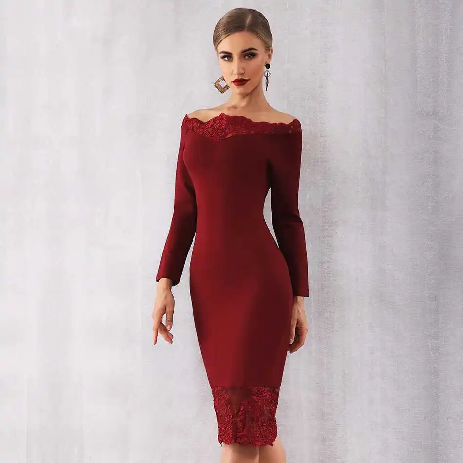 Seamyla, новинка, женское Бандажное платье, Vestidos, с вырезом лодочкой, кружевное, для знаменитостей, вечерние, сексуальное, винно-красное, черное, облегающее, Клубное платье