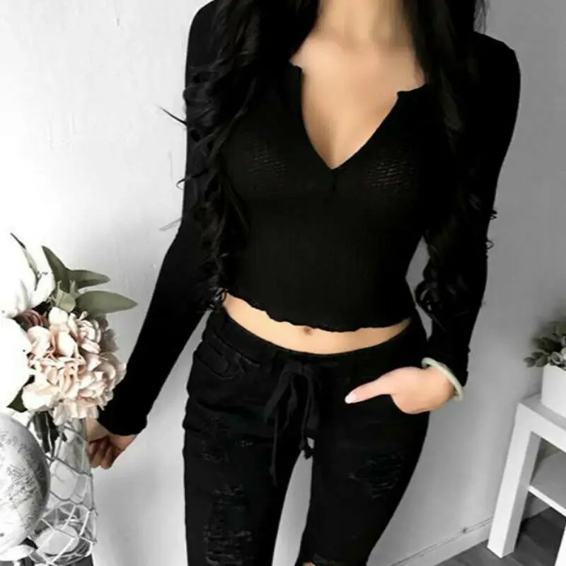 Женский Осенний короткий свитер с V-образным вырезом и длинным рукавом | Женская