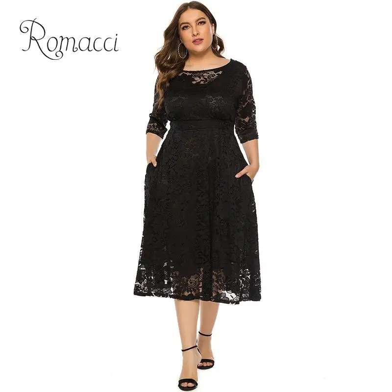 Новое модное женское платье большого размера 2020 ажурное кружевное с круглым