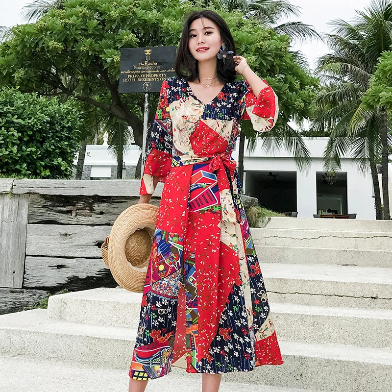 Женское летнее длинное платье тонкое с V-образным вырезом шифоновая пляжная юбка