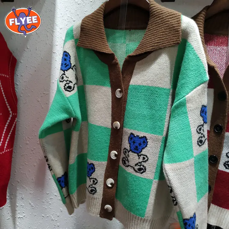 

2021 Autumn Winter Casual Sweater Bear Korean Style Women and Cardigans Long Sleeve V neck Button Up Oversized Jacket