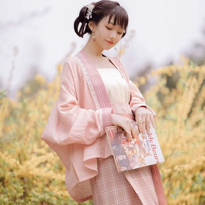 

Plaid Lace Spring Summer New Pink Women Costume Song Dynasty Hanfu Suit Chinese Style Fairy Novelty Performance Clothing