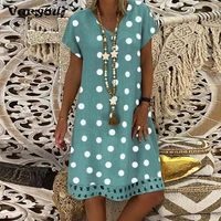 womens short sleeve summer casual dot printed short dress female dress v neck solid color natural loose short dress plus size