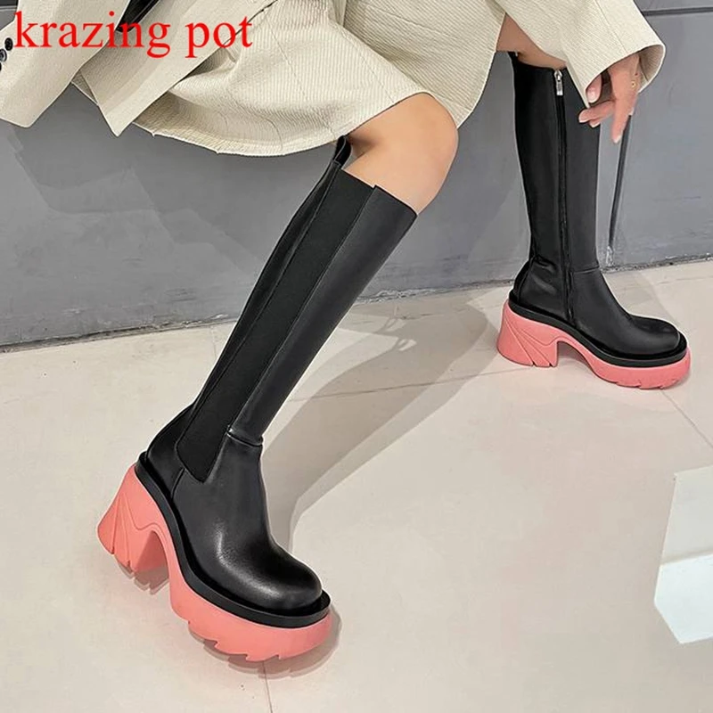 

Krazing pot genuine leather round toe platform boots high heels zipper gladiator fashion icon equestrian thigh high boots l02