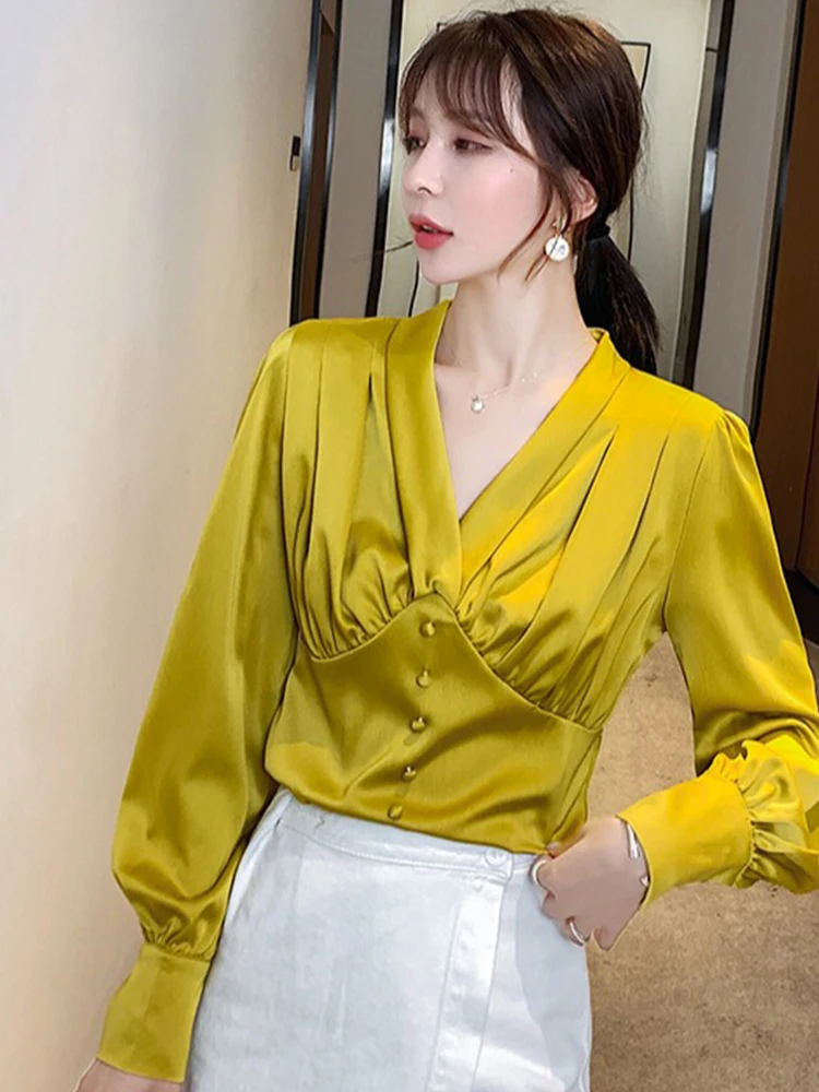 2019 Новая модная женская блузка рубашка с v-образным вырезом длинными рукавами