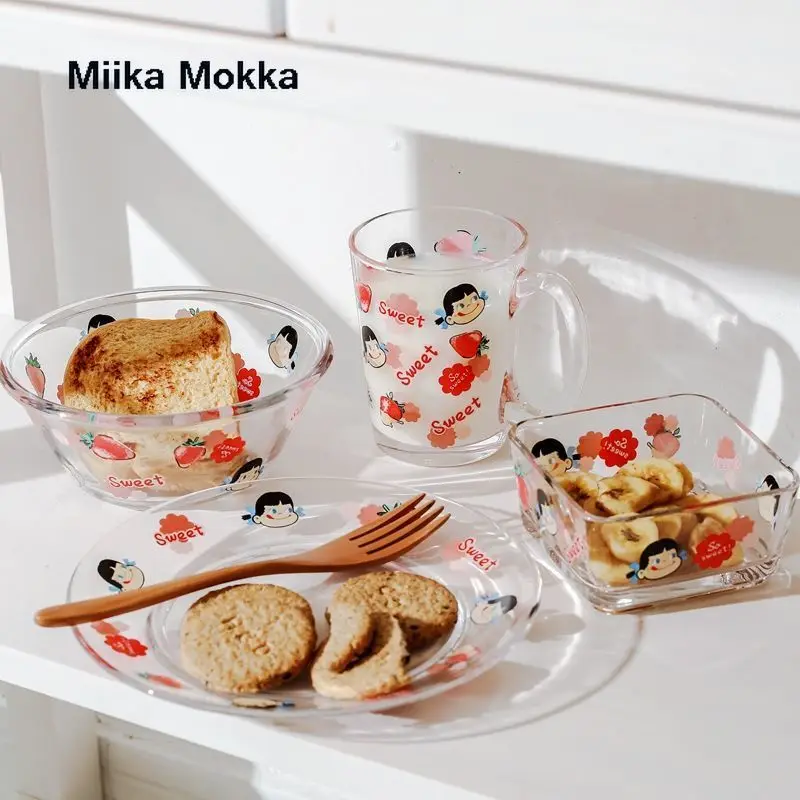 

Кавайная стеклянная чашка с клубничным узором в японском стиле, для супа, фруктов, десертов, салатников, посуда, чашка для Сладкой клубники, ...