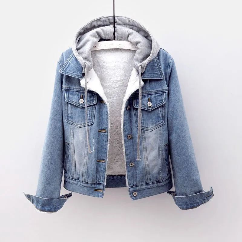

Women Denim Jeans Coat Jackets Hooded Autumn Winter Thick Fleece Fur Plush Lining Short Tops Vintage Long Sleeve