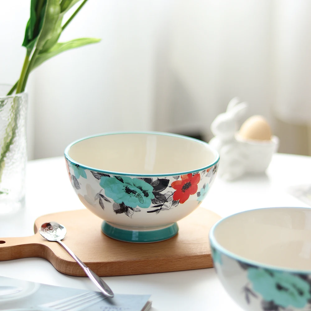 

Hand-Painted Personality Creative Rural Style Household Ceramic Underglaze Color Plant Flower 6.5 Inch Noodle Bowl Salad Bowl