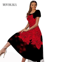 movokaka black long dresses women party elegant short sleeves red florals print dress beach casual vestidos spring summer dress