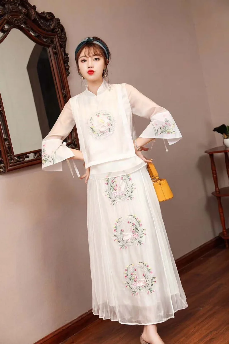 Женский костюм с вышивкой винтажный топ + плиссированная синяя юбка длиной до