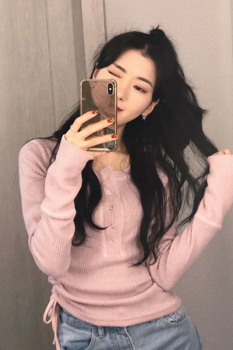 

Pink Sweet Spicy Girl Style Less Vigorous Women's Short Scheming Top Trendy Sense of Design Drawstring Jazz Wear