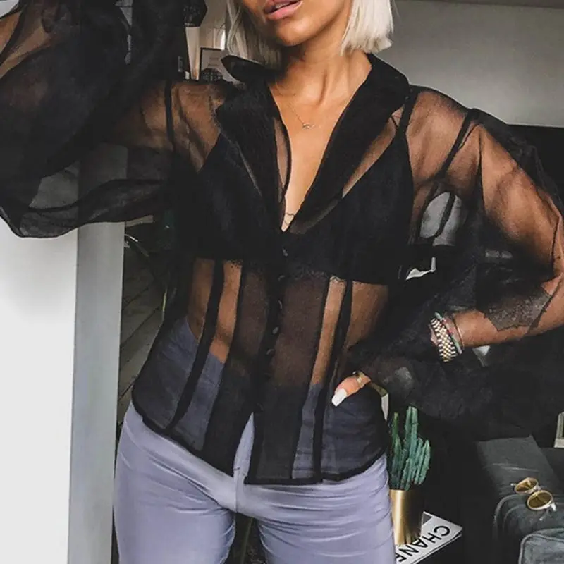 Для женщин пузырь с буфами на рукавах сексуальная прозрачная марлевая Топ