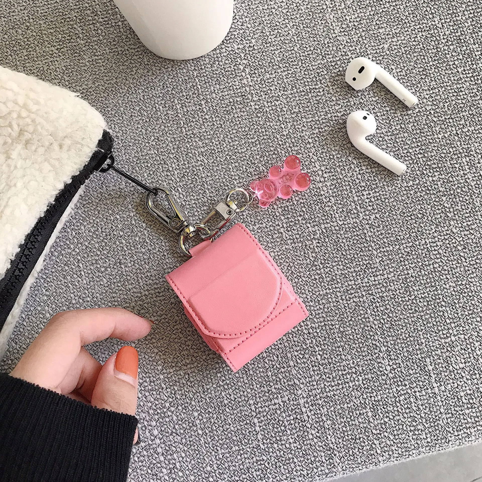 Розовый кожаный чехол брелок с медведем для Apple AirPoDS1/2 Беспроводная Bluetooth