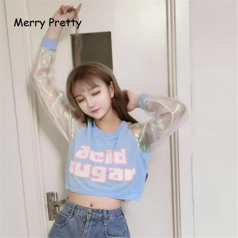 Merry Pretty Harajuku/женская футболка в японском стиле с буквенным принтом, лазерная прозрачная футболка с длинным рукавом в стиле пэчворк, укороченные топы для девушек, Розовый Топ