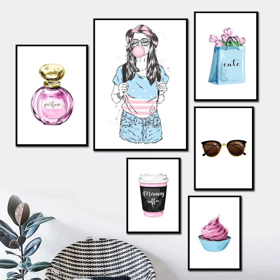 Cartoon Fashion Girl Bag Flower Perfume Wall Art Canvas Painting Nordic Posters And Prints Pictures For Living Room Decor | Дом и сад