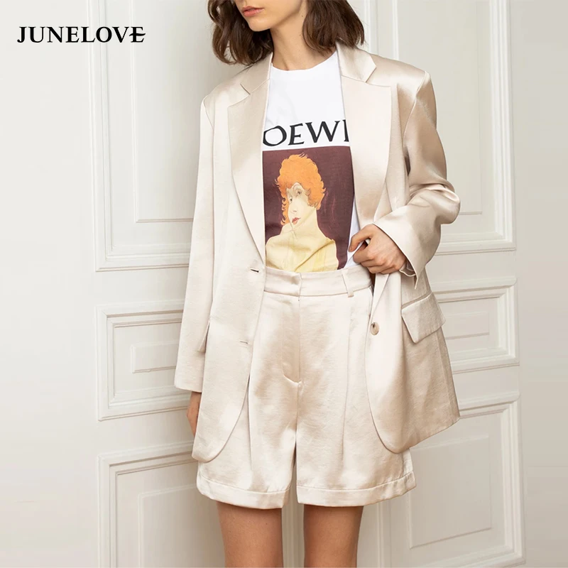 JuneLove Осень Новый шелковистый сатиновый Блейзер Женский костюм рабочая одежда