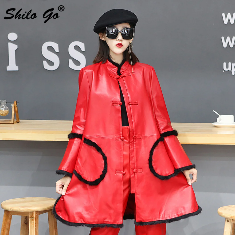 

Elegant Buttons Front China Style Mink Fur Detail A Line Coat Women Casual Office Lady Genuine Leather Coat Sheepskin Outwear