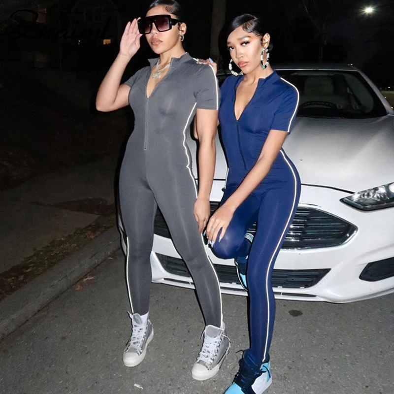 

Znaiml Summer Reflective Stripe Jumpsuit Women Short Sleeve Zipper V Neck Bodycon Casual Streetwear Sporty Romper Female Outfits