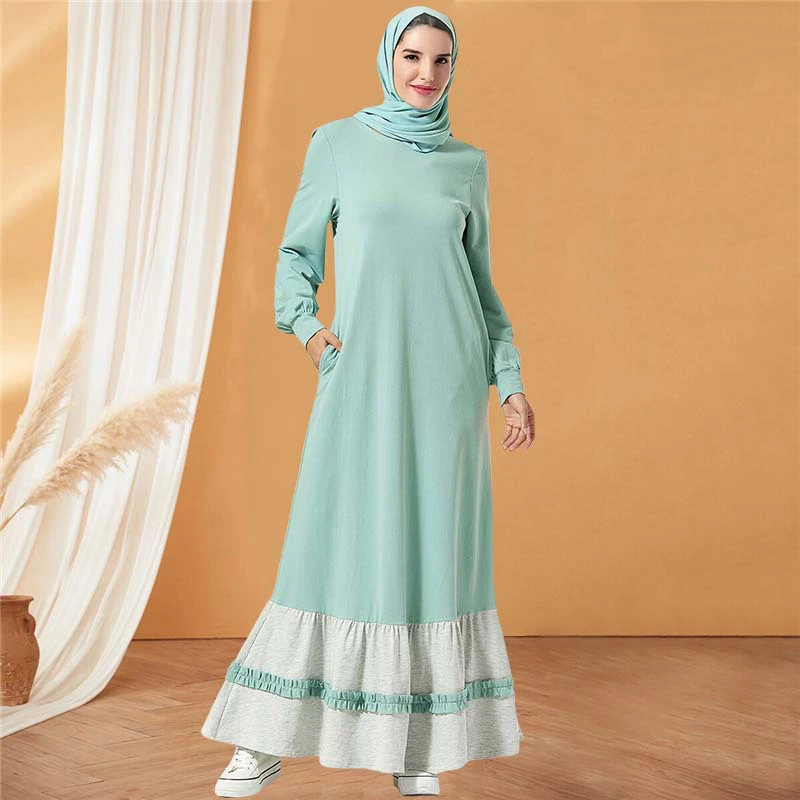 Женское длинное мусульманское платье с карманами, повседневное свободное платье контрастных цветов, абайя, однотонная дышащая одежда для п...