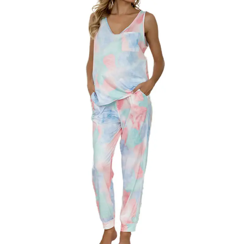 

Women Pajamas Sleep and Pants Set Tie Dye Print Tank Tops Pants Set Casual Loose Summer Outfits Homewear Woman Pijama Set