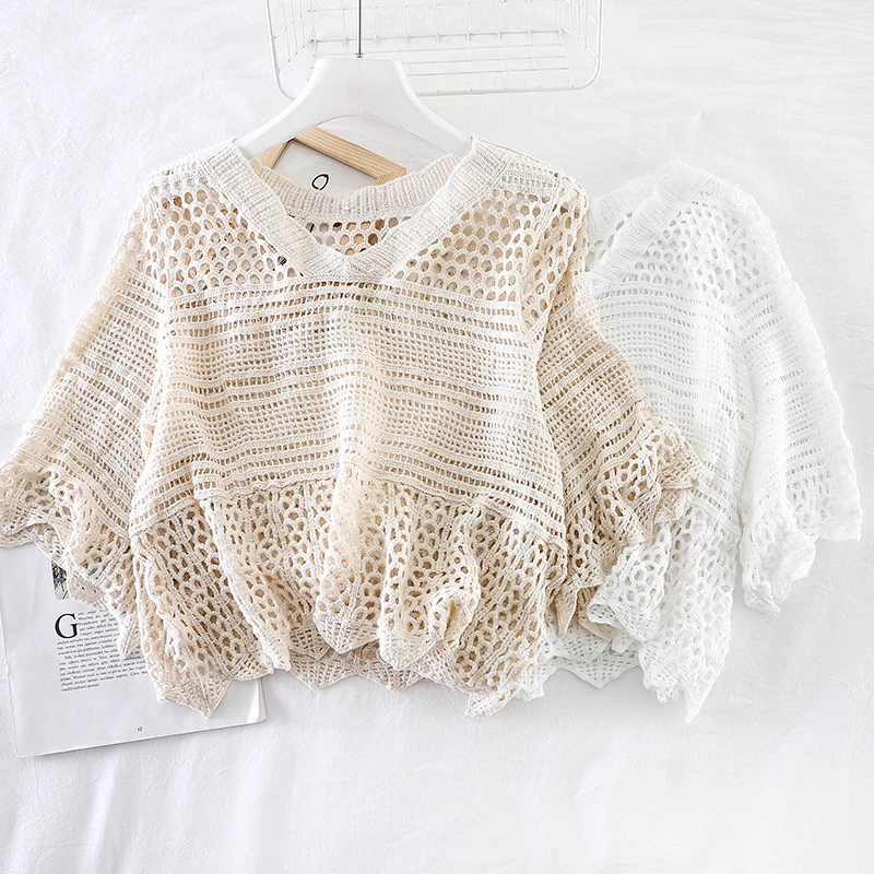 

Женская трикотажная рубашка, летняя, праздничная, свободная, с V-образным вырезом, с перфорацией, солнцезащитная, с пятью рукавами