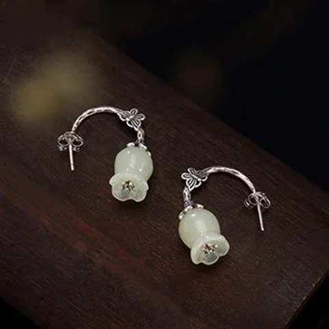 

Natural Hetian White Jade Bell Orchid Butterfly Ear Hooks Chinese Retro Elegant Fresh Glamour Women's Silver Jewelry
