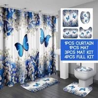 blue butterfly 180x180cm waterproof flowers shower curtain sets non slip rugs toilet lid cover and bath mat