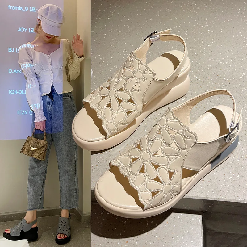 

3 Styles Summer Women Sandals Platform Wedges Sandals Leather Swing Peep Toe Casual Shoes Women Walk Shoes Flats Size 34-40