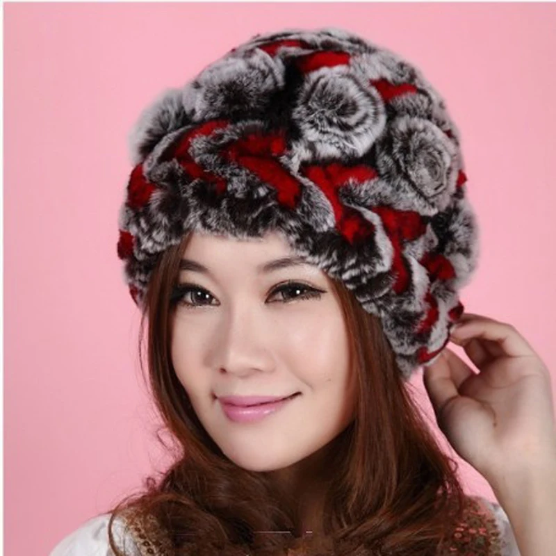 Lady Winter Warm Real Rabbit Fur Beanies Headwear Women Knitted Rex Hats Natural Stripe Caps | Аксессуары для одежды