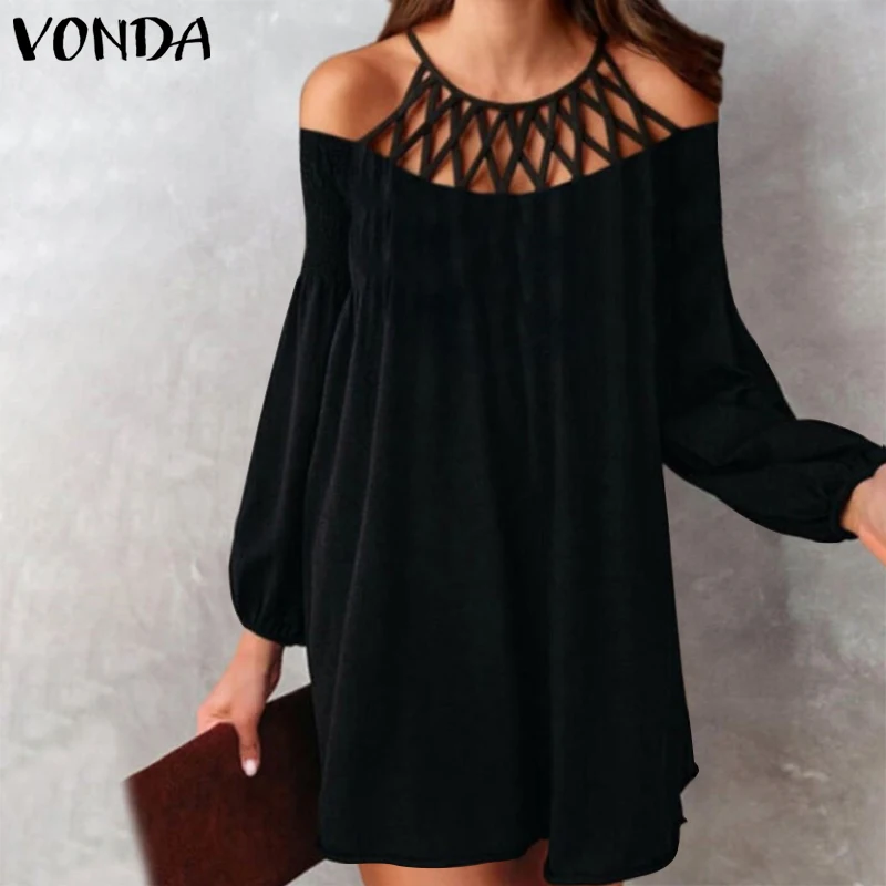 

Autumn Long Sleeve Mini Dress VONDA Women 2021 Casual Lace O Neck Long Sleeve Dresses Femme Loose Sundress Oversized Robes
