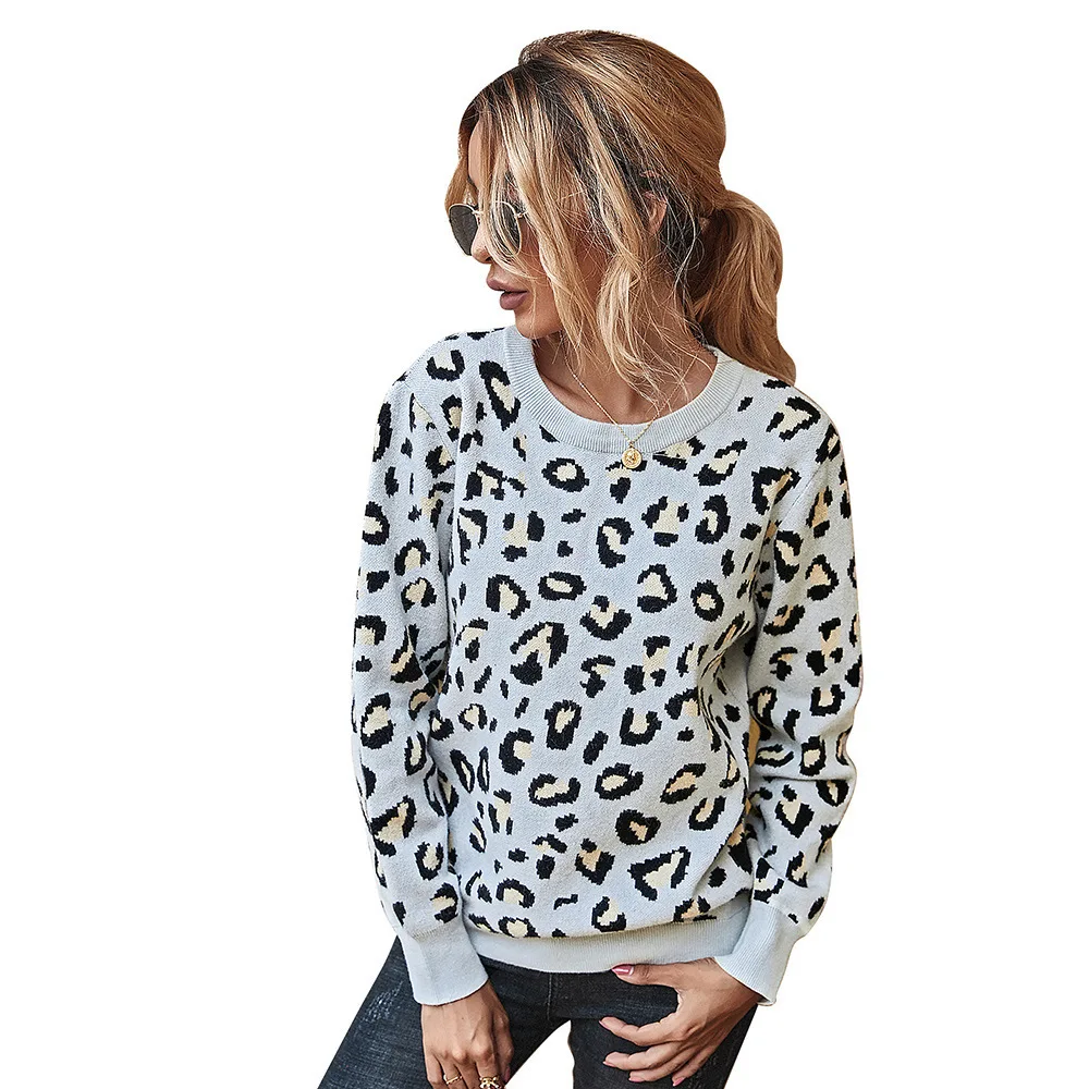 

O-Neck Vintage Leopard knit Pullovers Women Sweater 2020 Autumn Winter New Women's Fashion Leopard Print Sweater Pullovers