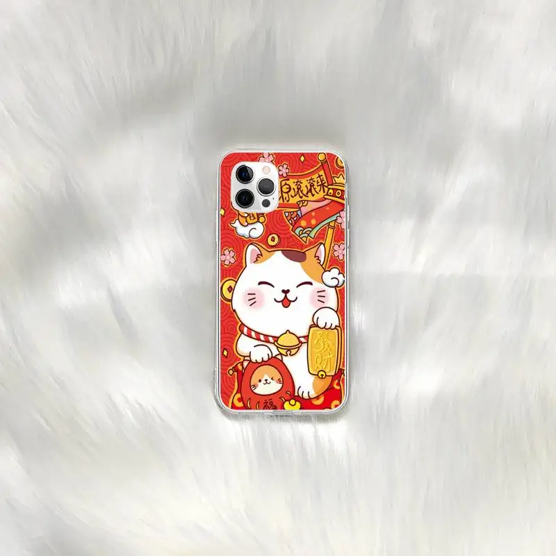 

Japan red Cat happy New Year Lucky Money Painted Phone Case for iphone 6s 7 8plus xr xs max 11 12 pro max mini clear cover