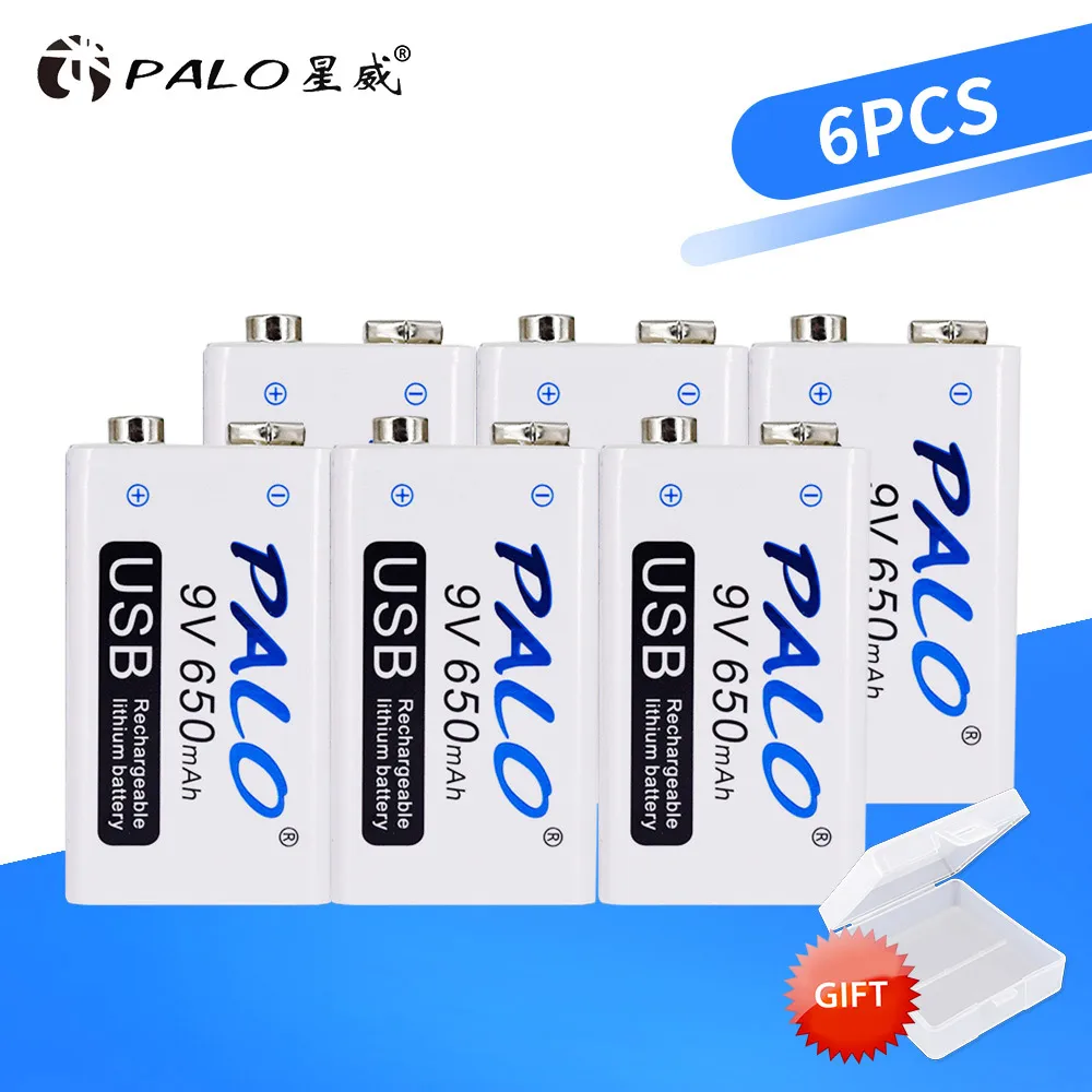 6Pcs PALO 650mAh микро USB 9 Вольт литий-ионная аккумуляторная батарея 6F22 9В литий-ионная литиевая батарея для радиоуправляемого вертолета модель микрофона игрушка - Цвет: 6Pcs