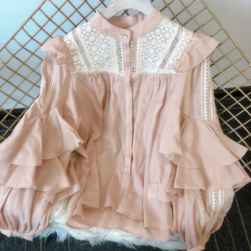 

Japanese Sweet Fresh Ruffles Patchwork Lace Chiffon Shirts for Women Office Ladies Women Tops Stand Collar Solid Femme Blusas