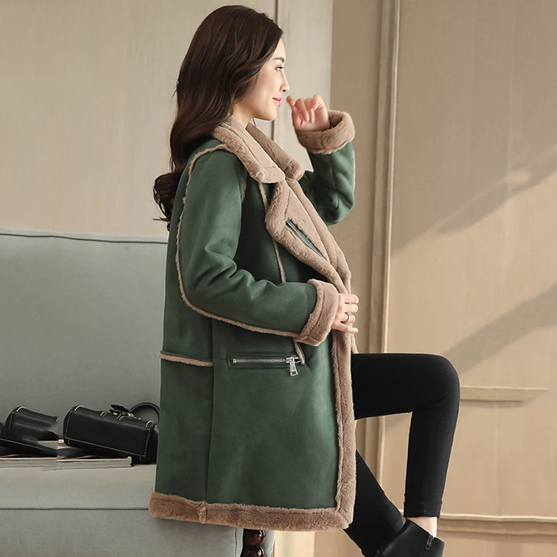 Winter Women Zipper Medium Long Coats Cotton Solid Long Sleeve Outerwear Thick Parkas Female Lambswool Casual Trench New Jackets